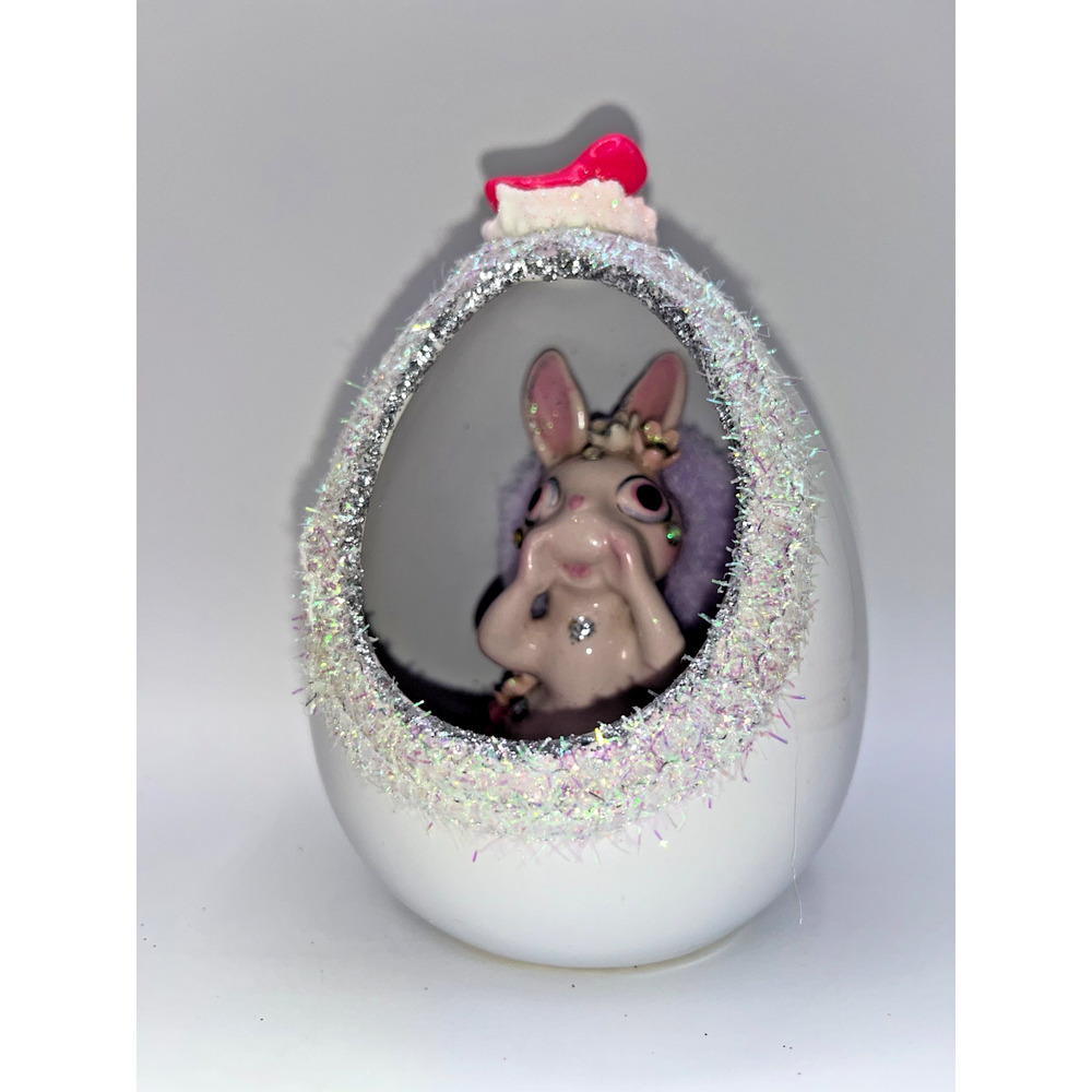 Vintage Ceramic Diorama Egg Pink Rhinestone Bunny Deb O. Original Designs OOAK - Picture 6 of 16